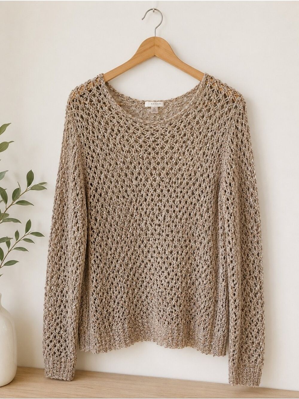 Kenar Open Knit Metallic Sweater XL Beige Marled Boho Crochet - Picture 3 of 14